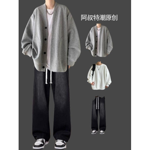 春秋男士華夫格日系開衫三件套裝搭配痞帥搭配牛仔褲潮牌高街一套 春秋男士華夫格日系開衫三件套裝搭配痞帥搭配牛仔褲潮牌高街一套
