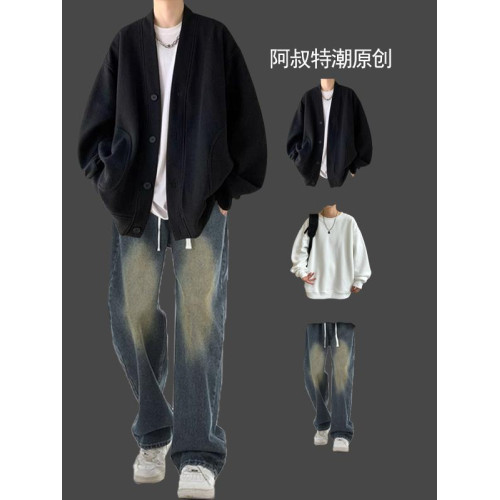 春秋男士華夫格日系開衫三件套裝搭配痞帥搭配牛仔褲潮牌高街一套 春秋男士華夫格日系開衫三件套裝搭配痞帥搭配牛仔褲潮牌高街一套