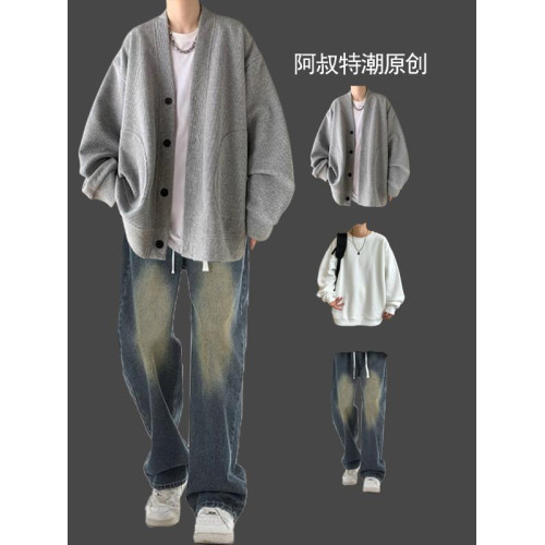 春秋男士華夫格日系開衫三件套裝搭配痞帥搭配牛仔褲潮牌高街一套 春秋男士華夫格日系開衫三件套裝搭配痞帥搭配牛仔褲潮牌高街一套