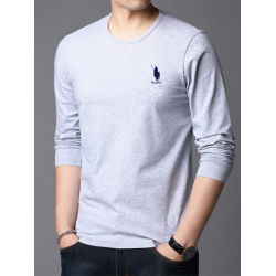 保羅商務免燙100％純棉長袖男士休閒百搭印花圓領白色體T恤打底衫