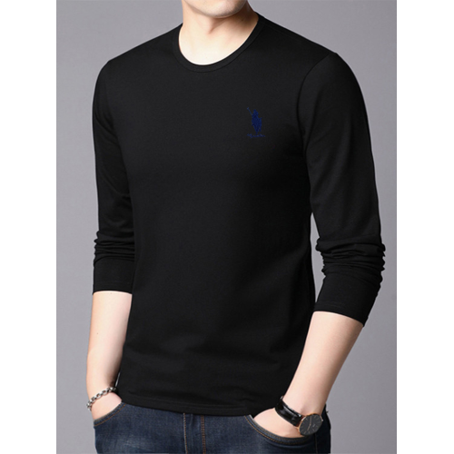 保羅商務免燙100％純棉長袖男士休閒百搭印花圓領白色體T恤打底衫