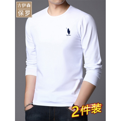 保羅商務免燙100％純棉長袖男士休閒百搭印花圓領白色體T恤打底衫
