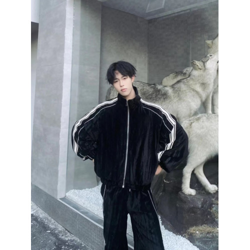 秋季美式痞帥外套兩件套男高街拼色條紋設計感休閒褲潮牌運動套裝 秋季美式痞帥外套兩件套男高街拼色條紋設計感休閒褲潮牌運動套裝