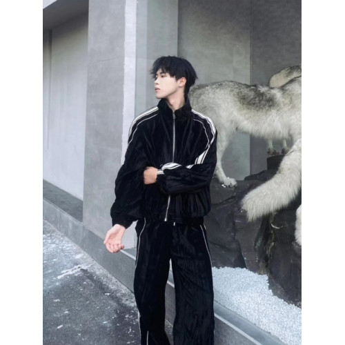 秋季美式痞帥外套兩件套男高街拼色條紋設計感休閒褲潮牌運動套裝 秋季美式痞帥外套兩件套男高街拼色條紋設計感休閒褲潮牌運動套裝