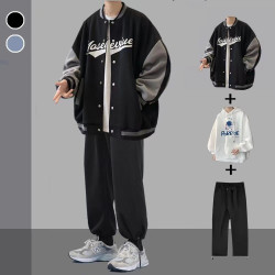 秋冬季港風套裝男生外套衣服潮流帥氣寬松潮牌夾克一套搭配三件套