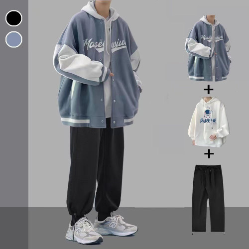 秋冬季港風套裝男生外套衣服潮流帥氣寬松潮牌夾克一套搭配三件套 秋冬季港風套裝男生外套衣服潮流帥氣寬松潮牌夾克一套搭配三件套