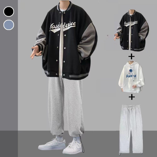 秋冬季港風套裝男生外套衣服潮流帥氣寬松潮牌夾克一套搭配三件套 秋冬季港風套裝男生外套衣服潮流帥氣寬松潮牌夾克一套搭配三件套