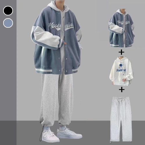 秋冬季港風套裝男生外套衣服潮流帥氣寬松潮牌夾克一套搭配三件套 秋冬季港風套裝男生外套衣服潮流帥氣寬松潮牌夾克一套搭配三件套
