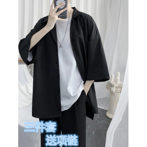 三件套夏季襯衫男大碼寬松痞帥襯衣休閒潮流輕熟風穿搭冰絲套裝潮 三件套夏季襯衫男大碼寬松痞帥襯衣休閒潮流輕熟風穿搭冰絲套裝潮