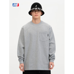 bboy寬松 純色t恤重磅街舞嘻哈打底hiphop小領口加袋長袖說唱男女