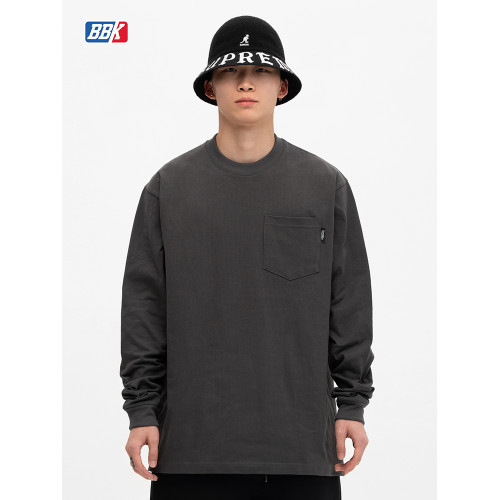 bboy寬松 純色t恤重磅街舞嘻哈打底hiphop小領口加袋長袖說唱男女