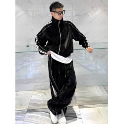 2025秋季痞帥高級感金絲絨拼色條紋衛衣兩件套情侶休閒運動套裝男