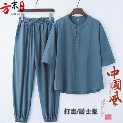 茶服男禪意風t恤寬松亞麻唐裝男夏季居士打坐禪服道服男套裝