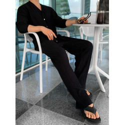 MRCYC老錢風V領開衫短袖T恤男士夏季直筒拖地褲韓系休閒運動套裝