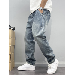 春秋美式復古牛仔長褲男寬松微錐小直筒長褲水洗淺藍刺綉高街潮流