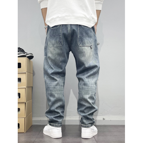 春秋美式復古牛仔長褲男寬松微錐小直筒長褲水洗淺藍刺綉高街潮流 春秋美式復古牛仔長褲男寬松微錐小直筒長褲水洗淺藍刺綉高街潮流