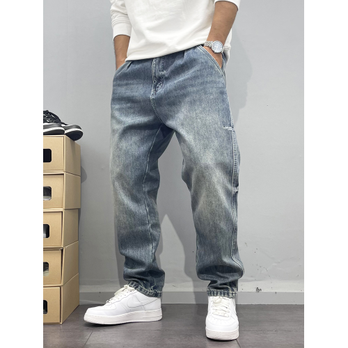 春秋美式復古牛仔長褲男寬松微錐小直筒長褲水洗淺藍刺綉高街潮流 春秋美式復古牛仔長褲男寬松微錐小直筒長褲水洗淺藍刺綉高街潮流