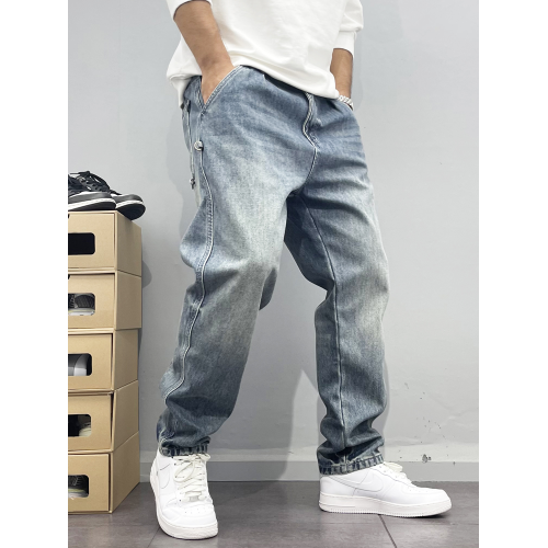 春秋美式復古牛仔長褲男寬松微錐小直筒長褲水洗淺藍刺綉高街潮流 春秋美式復古牛仔長褲男寬松微錐小直筒長褲水洗淺藍刺綉高街潮流