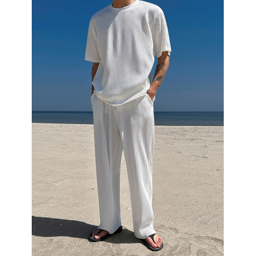 MRCYC夏季休閒運動套裝男士短袖短褲長褲三件套寬松T恤垂感休閒褲