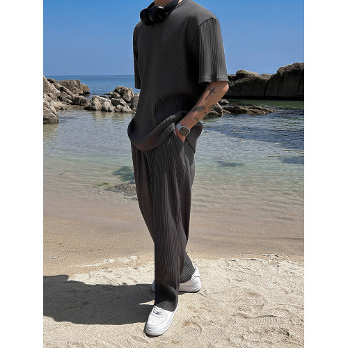 MRCYC夏季休閒運動套裝男士短袖短褲長褲三件套寬松T恤垂感休閒褲