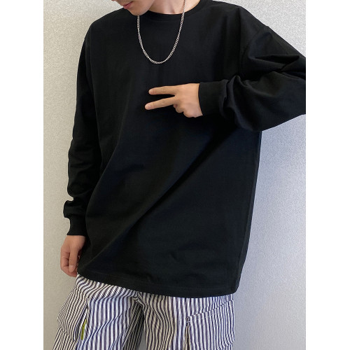 重磅高級潮牌純棉白色純色寬松圓領打底衫長袖T恤男內搭上衣服白t