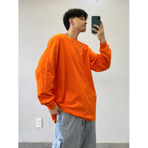 重磅高級潮牌純棉白色純色寬松圓領打底衫長袖T恤男內搭上衣服白t