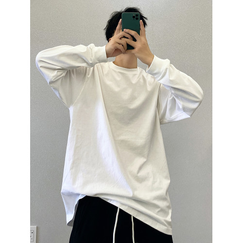 重磅高級潮牌純棉白色純色寬松圓領打底衫長袖T恤男內搭上衣服白t