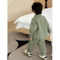 童裝男童工裝棉布套裝2024春秋新款上衣外套運動休閒襯衫純色潮款