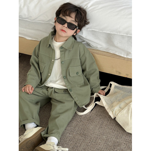 童裝男童工裝棉布套裝2024春秋新款上衣外套運動休閒襯衫純色潮款 童裝男童工裝棉布套裝2024春秋新款上衣外套運動休閒襯衫純色潮款
