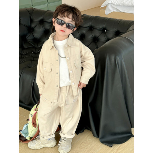 童裝男童工裝棉布套裝2024春秋新款上衣外套運動休閒襯衫純色潮款 童裝男童工裝棉布套裝2024春秋新款上衣外套運動休閒襯衫純色潮款