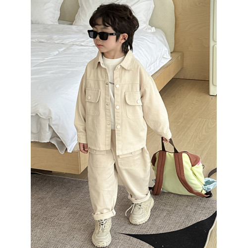 童裝男童工裝棉布套裝2024春秋新款上衣外套運動休閒襯衫純色潮款 童裝男童工裝棉布套裝2024春秋新款上衣外套運動休閒襯衫純色潮款