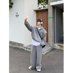 ONELYC1NS純色連帽休閒運動套裝長袖男短款假兩件寬松外套長褲潮