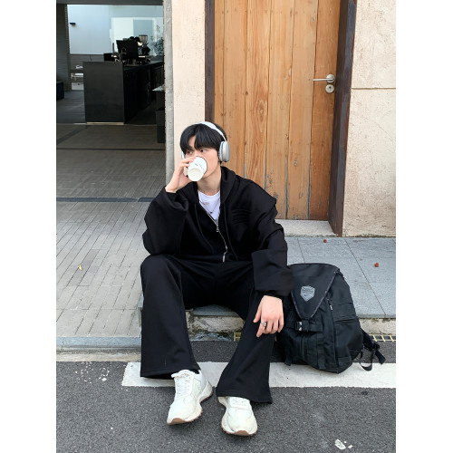 ONELYC1NS純色連帽休閒運動套裝長袖男短款假兩件寬松外套長褲潮 ONELYC1NS純色連帽休閒運動套裝長袖男短款假兩件寬松外套長褲潮