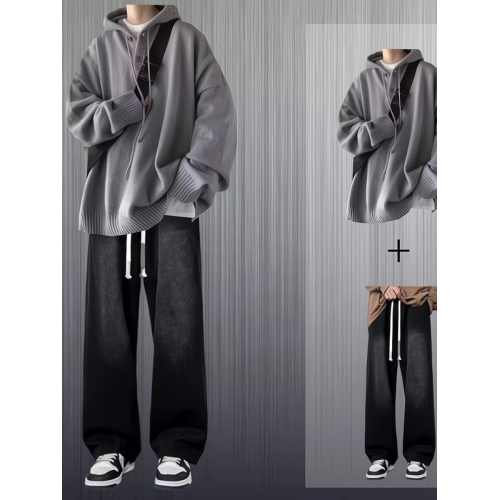 連帽毛衣男士套裝秋冬季2025新款港風慵懶風潮流休閒針織衫兩件套 連帽毛衣男士套裝秋冬季2025新款港風慵懶風潮流休閒針織衫兩件套