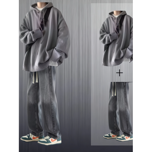 連帽毛衣男士套裝秋冬季2025新款港風慵懶風潮流休閒針織衫兩件套 連帽毛衣男士套裝秋冬季2025新款港風慵懶風潮流休閒針織衫兩件套