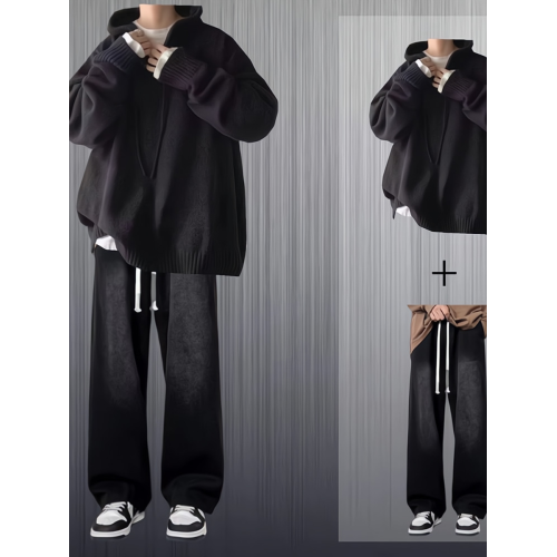 連帽毛衣男士套裝秋冬季2025新款港風慵懶風潮流休閒針織衫兩件套 連帽毛衣男士套裝秋冬季2025新款港風慵懶風潮流休閒針織衫兩件套