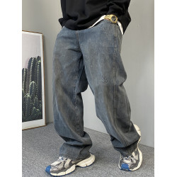 秋季美式休閒痞帥復古做舊髒洗刮爛牛仔褲男直筒寬松濶腿老爹褲子