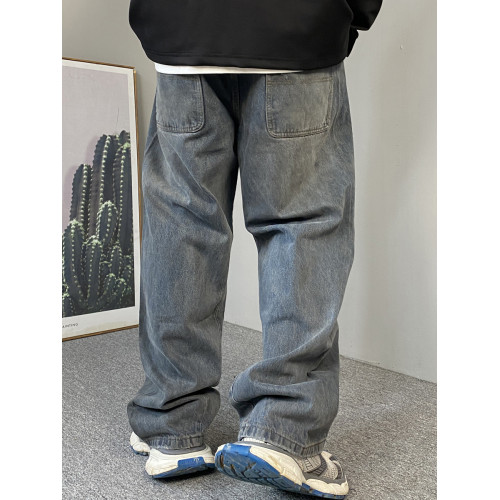 秋季美式休閒痞帥復古做舊髒洗刮爛牛仔褲男直筒寬松濶腿老爹褲子 秋季美式休閒痞帥復古做舊髒洗刮爛牛仔褲男直筒寬松濶腿老爹褲子