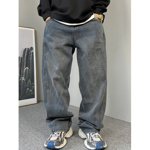 秋季美式休閒痞帥復古做舊髒洗刮爛牛仔褲男直筒寬松濶腿老爹褲子 秋季美式休閒痞帥復古做舊髒洗刮爛牛仔褲男直筒寬松濶腿老爹褲子