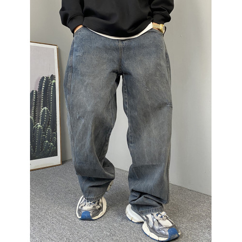 秋季美式休閒痞帥復古做舊髒洗刮爛牛仔褲男直筒寬松濶腿老爹褲子 秋季美式休閒痞帥復古做舊髒洗刮爛牛仔褲男直筒寬松濶腿老爹褲子