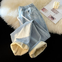 加絨加厚濶腿牛仔褲男士直筒松緊腰帶絨抽繩高街復古冬季新款褲子