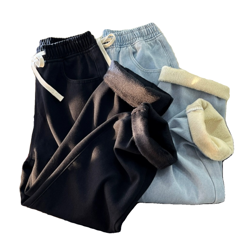 加絨加厚濶腿牛仔褲男士直筒松緊腰帶絨抽繩高街復古冬季新款褲子 加絨加厚濶腿牛仔褲男士直筒松緊腰帶絨抽繩高街復古冬季新款褲子