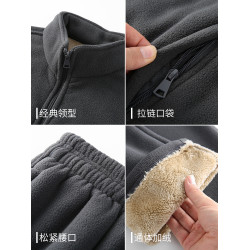 新款冬季搖粒絨保暖套裝男爸爸冬裝外套運動休閒褲加絨加厚兩件套