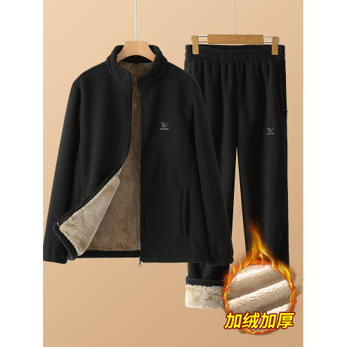 新款冬季搖粒絨保暖套裝男爸爸冬裝外套運動休閒褲加絨加厚兩件套