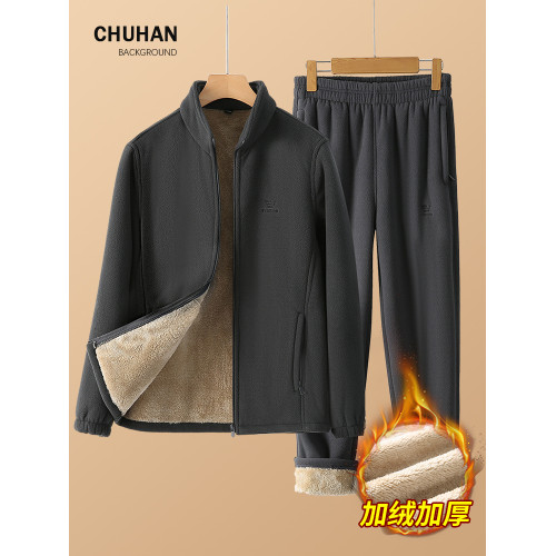 新款冬季搖粒絨保暖套裝男爸爸冬裝外套運動休閒褲加絨加厚兩件套