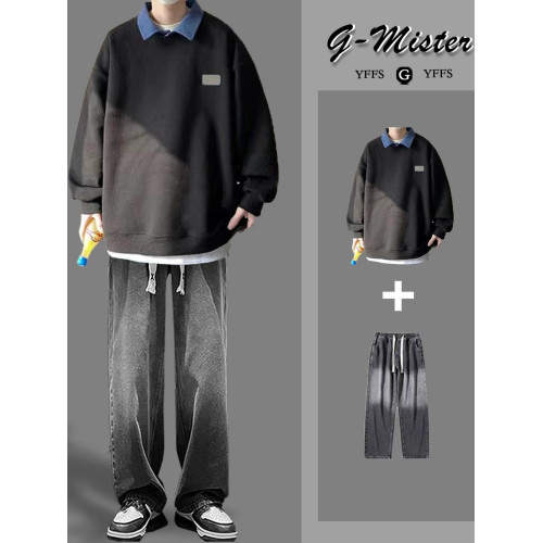 高級感痞帥假兩件衛衣男士套裝春秋休閒三件套穿搭潮流一整套搭配 高級感痞帥假兩件衛衣男士套裝春秋休閒三件套穿搭潮流一整套搭配