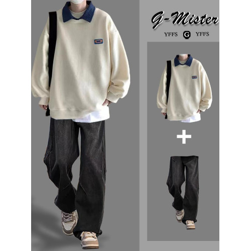 高級感痞帥假兩件衛衣男士套裝春秋休閒三件套穿搭潮流一整套搭配 高級感痞帥假兩件衛衣男士套裝春秋休閒三件套穿搭潮流一整套搭配