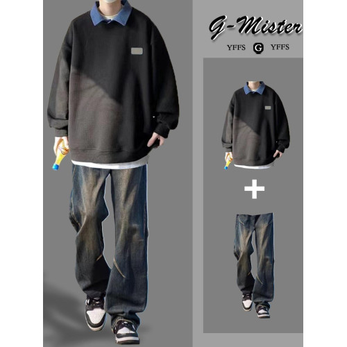 高級感痞帥假兩件衛衣男士套裝春秋休閒三件套穿搭潮流一整套搭配 高級感痞帥假兩件衛衣男士套裝春秋休閒三件套穿搭潮流一整套搭配