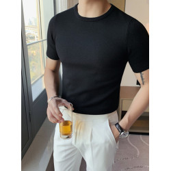 2025韓版修身男士半高領短袖T恤型男緊身彈力針織衫中領打底線衫