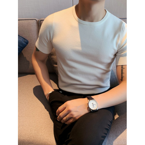 2025韓版修身男士半高領短袖T恤型男緊身彈力針織衫中領打底線衫 2025韓版修身男士半高領短袖T恤型男緊身彈力針織衫中領打底線衫